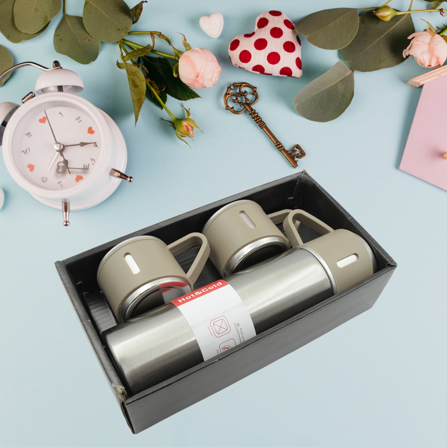 Stainless Steel Vacuum Flask Set with 3 Steel Cups Combo for Coffee Hot Drink and Cold Water Flask Ideal Gifting Travel Friendly Latest Flask Bottle. (500ml) Stainless Steel Vacuum Flask Set with 3 Steel Cups Combo for Coffee Hot Drink and Cold Water Flask Ideal Gifting Travel Friendly Latest Flask Bottle. (500ml)